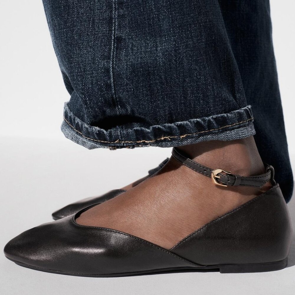 NWT Zara Dark Brown Flats with Gold Buckle
